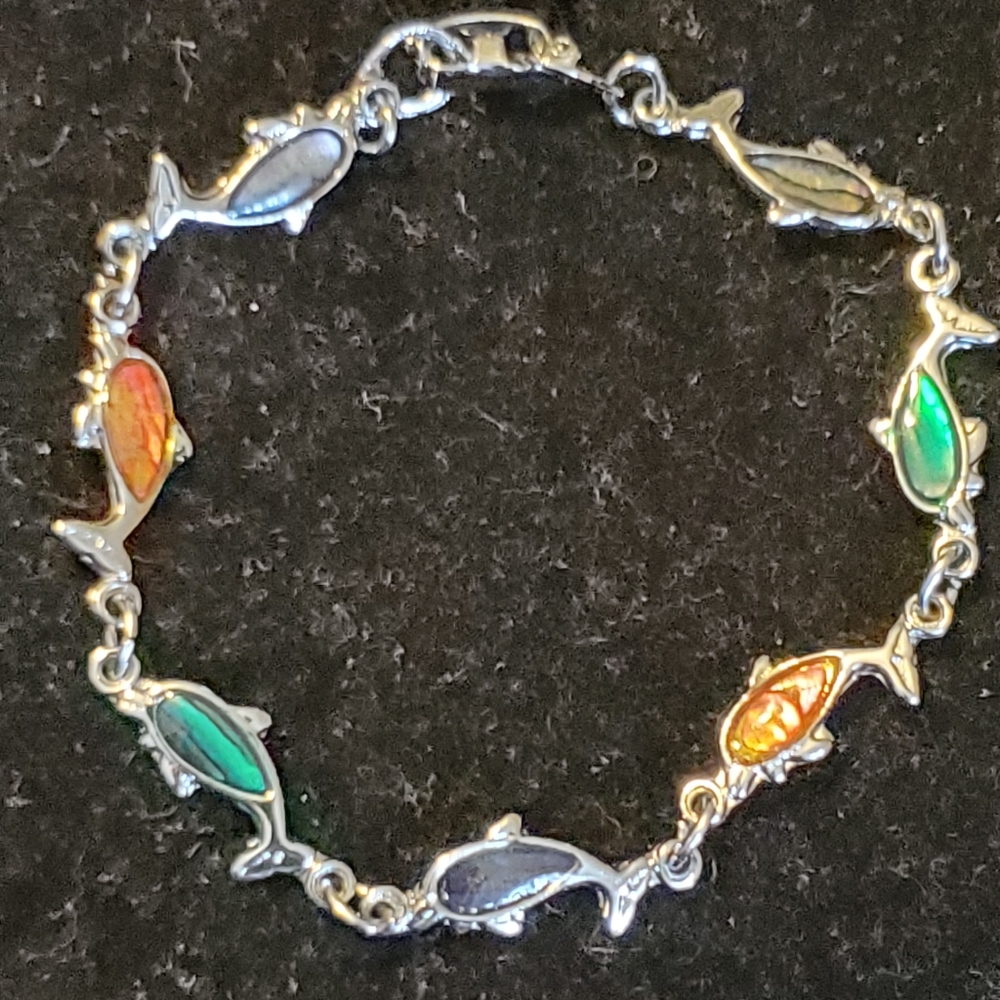 Silvertone abalone dolphin bracelet 7 inches long
